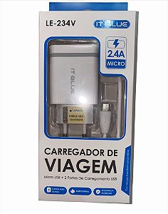 CARREGADOR DE VIAGEM 2.4A V8 2 USB IT BLUE LE-234V