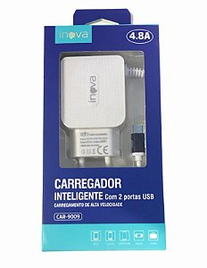 CARREGADOR INTELIGENTE INOVA MICRO USB V8 - 4.8A C/ 2USB CAR-9009-V8  ( PRODUTO AMARELADA )