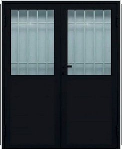 PORTA DE ABRIR 2 FOLHAS EM LAMBRIL COM POSTIGO ALUMÍNIO PRETO LINHA 25