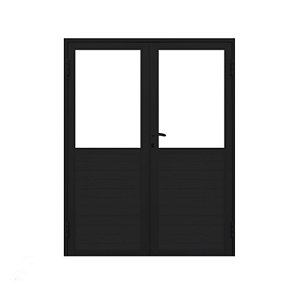 PORTA DE ABRIR 2 FOLHAS COM LAMBRIL E VIDRO FIXO ALUMÍNIO PRETO LINHA 25