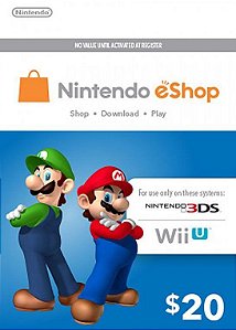 Cartão Nintendo eShop $20 Dólares - 3DS/Wii-U Eshop Cash Card
