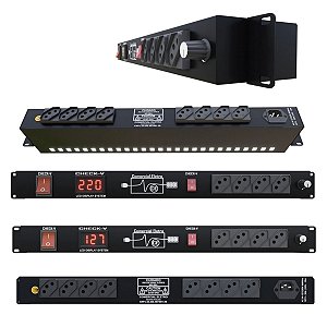 Regua de AC Profissional RacK Light Studio 12 Tomadas 10A 2500W Padrão Rack 1U Distribuidor de Tomadas