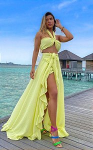 Closet Deluxe _ Conjunto Tricot Top Saia Fenda Babado_ Cor: Amarelo _ Cód.: 2021005