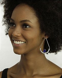 Maxi brinco prateado, pedra azul e strass cristal Baby