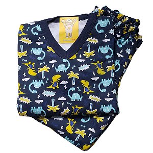 Pijama Infantil Flanelado - 4 ao 8 - Dinos Marinho