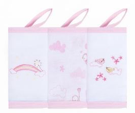 Kit com 3 unidades - Babete com prendedor de chupeta - 32 x 32cm - ROSA PÁSSAROS