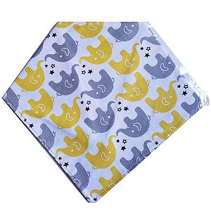 Babador Bandana Dupla Face - Elefantinhos Cinza e Amarelo