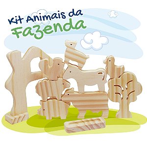 Kit Animais da Fazenda em Madeira - 10 peças