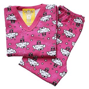 Pijama Infantil Flanelado - 4 ao 8 - Nuvens Pink