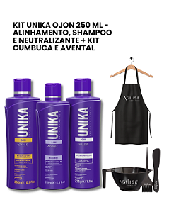 KIT UNIKA OJON 250ML - ALINHAMENTO, SHAMPOO E NEUTRALIZANTE (ACIDIFICANTE) + KIT CUMBUCA E AVENTAL