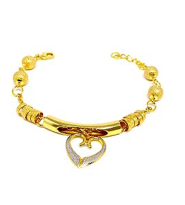 Pulseira feminina Pingente Coração Dourado Banhado Ouro 18k com ródio branco