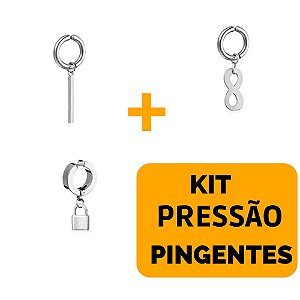 Kit Brinco Argola Pressão Magnético Pingente Barra Cadeado Infinito Aço Inox - 3 Unidades