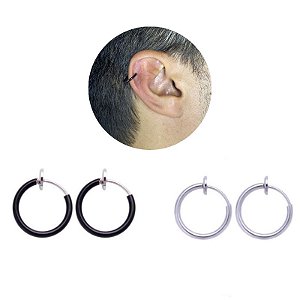 Brinco Piercing Fake Argolinha Pressão Preto Prata Aço Inox - 1 UND