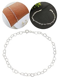 Pulseira Prata 925 Feminina Elos Mini Corações Delicados Fina