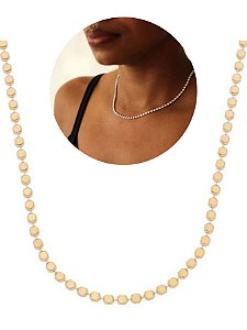 Colar Cordão Feminino Longo 50cm Bolinha Achatada Banhado Folheado Ouro Prata Antialérgico