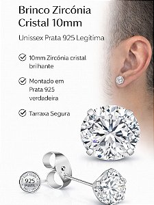 Brinco Masculino Feminino Prata Legítima 925 Zircônia 10mm Brilhante