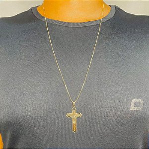 Cordão 70cm Longo Pingente Cruz Crucifixo Jesus Banhado Folheado a Ouro 18K