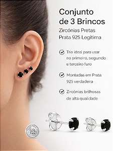 Kit Trio Brinco Feminino Prata 925 Zircônia Redonda Preta 3mm\ 4mm\ 5mm