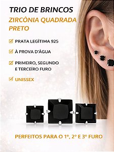 Kit Trio Brinco Feminino Prata 925 Zircônia Quadrada Preta 3mm\ 4mm\ 5mm