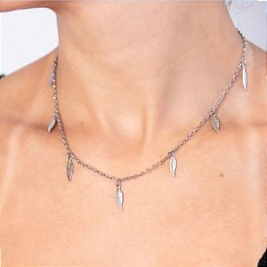 Choker Colar Cordão 40cm Feminino Delicado Pingente Folhas Aço Inox Prata