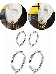 Kit 2 Pares Brinco Argola Lisa Fina 16mm 18mm Prata Masculino Feminino Aço Inox