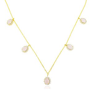 Colar Feminino Longo com Pedras Rosas Folheado a Ouro 18k