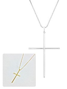 Corrente Cordão Masculino 60cm Veneziana Pingente Cruz Palito Dourado Folheado Banhado Ouro 18K