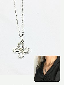 Colar Cordão Feminino 50cm Curto Agarradinho Pingente Borboleta Cravejada Zircônia Aço Inox Prata