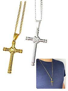 Corrente Cordão Masculino Grumet 3mm 70cm Prata Dourado Pingente Cruz Grossa Aço Inox