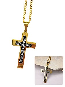 Corrente Cordão Masculino 70cm Dourado Pingente Cruz Oração Pai Nosso Preto Aço Inox Prova D'Água