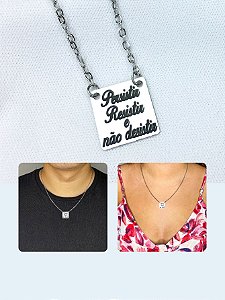 Colar Cordão Feminino Masculino Escrito Persistir Resistir e Não Desistir Prata Aço Inox Motivação