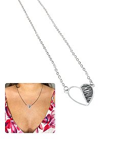 Colar Cordão Unissex Feminino Coração Meio Vazado Preto Prata Aço Inox Antialérgico