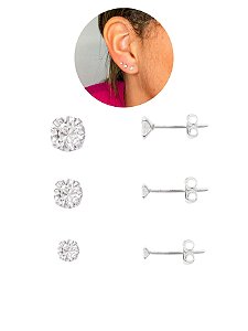 Kit Trio Brinco Ponto Luz Redondo Pedra 2mm 3mm 4mm Delicado Brilhante Aço Inox Antialérgico