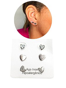 Kit Trio Brinco Feminino Coração Liso Com Pedra Zircônia Delicado Minimalista Aço Inoxidável