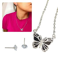 Conjunto Colar e Brinco Feminino 50cm Borboleta Ponto Luz Zircônia Prata Aço Inox Antialérgico