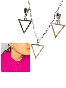 Conjunto Colar e Brinco Feminino 45cm Triângulo Vazado Prata Minimalista Aço Inox Antialérgico