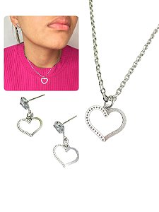 Conjunto Colar e Brinco Feminino 45cm Coracão Vazado Craquelado Prata Minimalista Básico Aço Inox