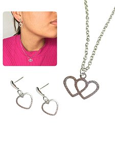 Conjunto Colar e Brinco Feminino 45cm Coracão Vazado Duplo Prata Minimalista Básico Aço Inox
