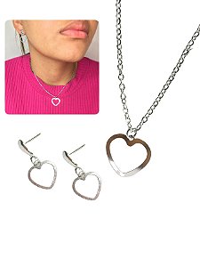 Conjunto Colar e Brinco Feminino 45cm Coracão Vazado Borda Grossa Prata Minimalista Básico Aço Inox