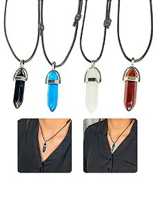 Colar Cordão Couro Hexagonal Unissex Regulável Pedra Natural Cores Opala Ágata Hippie Moda Verão