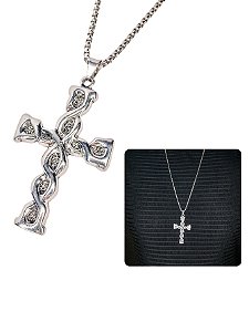 Corrente Cordão Masculino 70cm Crucifixo Cruz Grande Grossa Rock Prata Preto Aço Inoxidável
