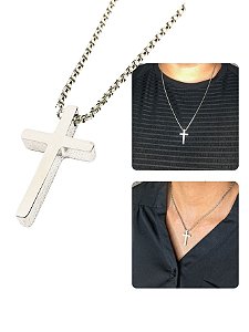 Corrente Cordão Colar Masculino Feminino 60cm Fino 2mm Crucifixo Cruz Pequena Prata Aço Inox