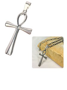 Pingente Masculino Crucifixo Laço Cruz Egípcia Ankh Símbolo Vida Prata Aço Inoxidável Religioso