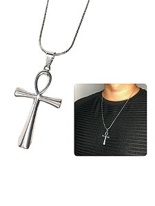 Cordão Masclino 60cm Fino Rabo de Rato Pingente Cruz Egípcia Prata Aço Inox