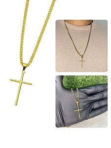 Colar Cordão Grumet 4mm Dourado 70cm Masculin Longo Pingente Cruz Palito Fina Aço Inox Premium