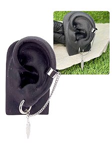 Brinco Argola Prata Corrente Folha Pena Piercing Pressão Aço