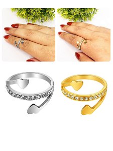 Anel Falange Feminino Cravejado Coração Prata Dourado Aço