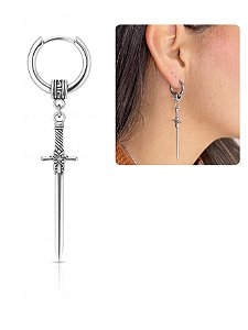 Brinco Argola Masculino Feminino Pingente Espada Adaga Gótico Medieval Prata Aço Inox Egirl Dark