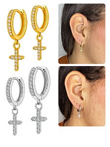 Brinco Argola Masculino Feminino Pingente Cruz Pequena Cravejada Brilho Prata Dourado Aço Inox PAR