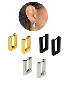 Brinco Argola 16mm Masculino Feminino Quadrado Retangulo Geométrico Preto Prata Dourado Aço Inox